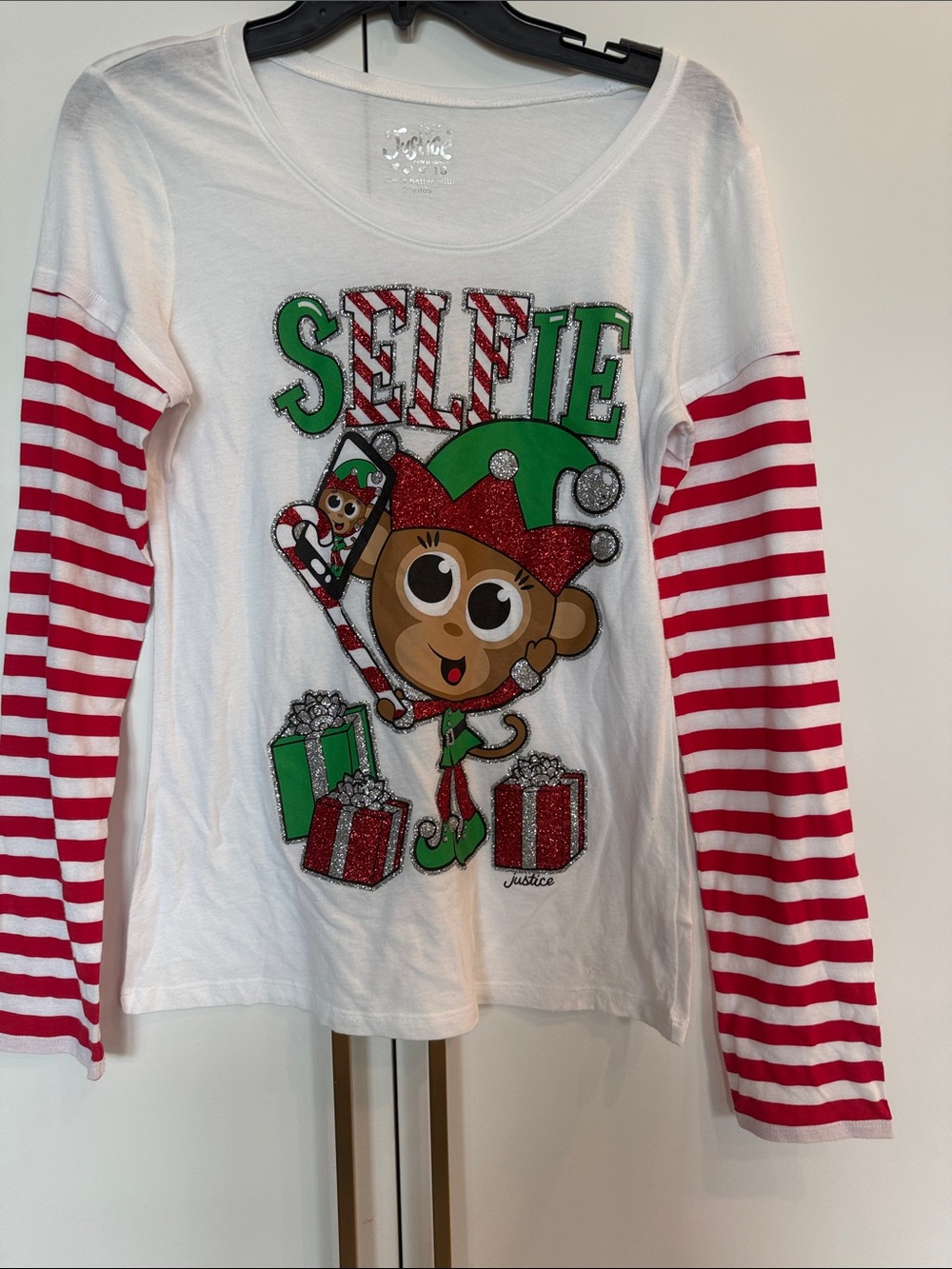 Justice White & Red Holiday 'Selfie' Long Sleeve Top with Elf Monkey